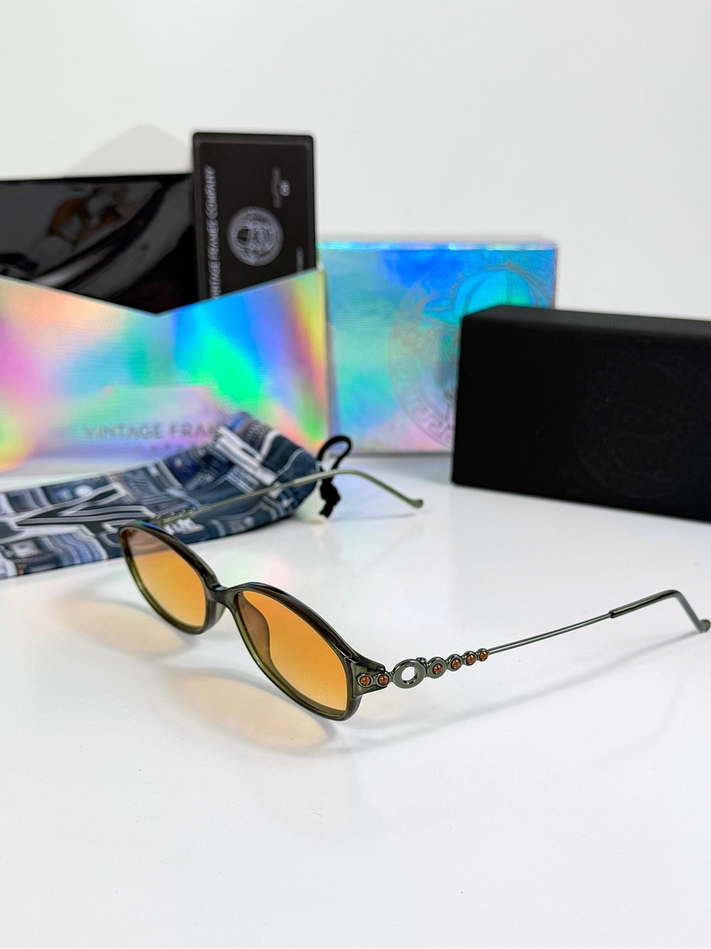 Vintage Dior CD 3033 Green Orange Cabochon Gem Sunglasses Custom Orange Lens Set - Picture 2 of 16